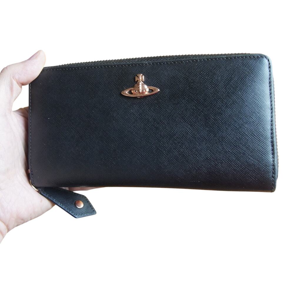 Vivienne Westwood Black Leather Zip Around Long Wallet Italy Orb Logo